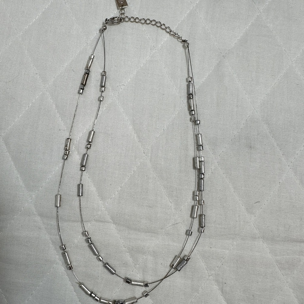 NW Womens Convertible Silver Tone Two Strand Bib Statement Necklace 8”